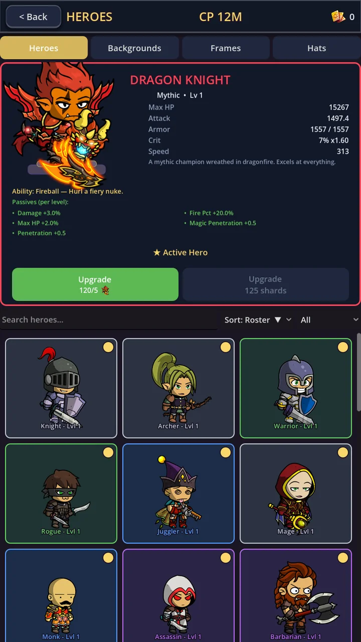 Prigod Idle hero roster with unlockable characters