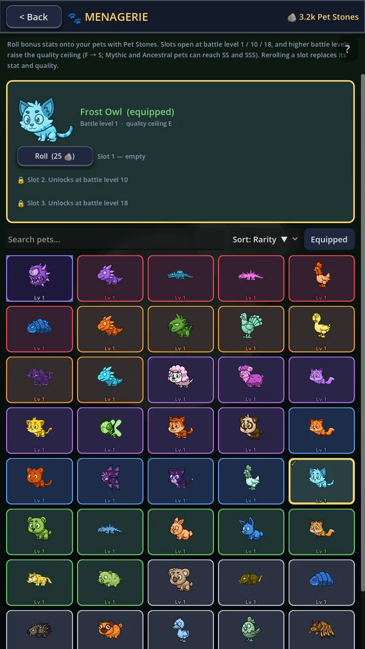 Prigod Idle pets screen with equipped and unlockable companions