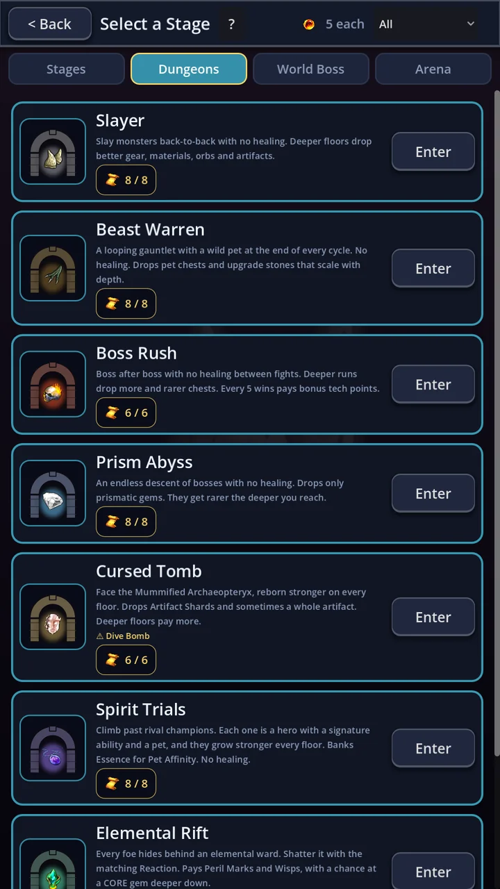 Prigod Idle dungeon selection screen