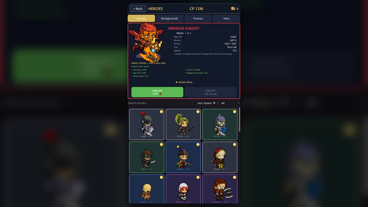Hero roster — build variety and progression.